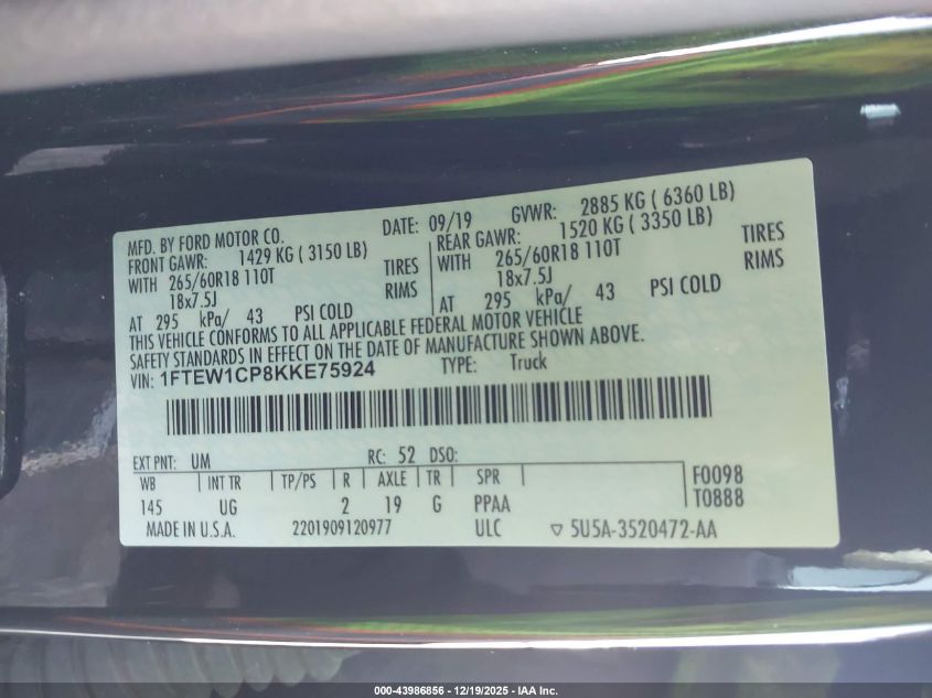 2019 Ford F-150 Xlt VIN: 1FTEW1CP8KKE75924 Lot: 43986856