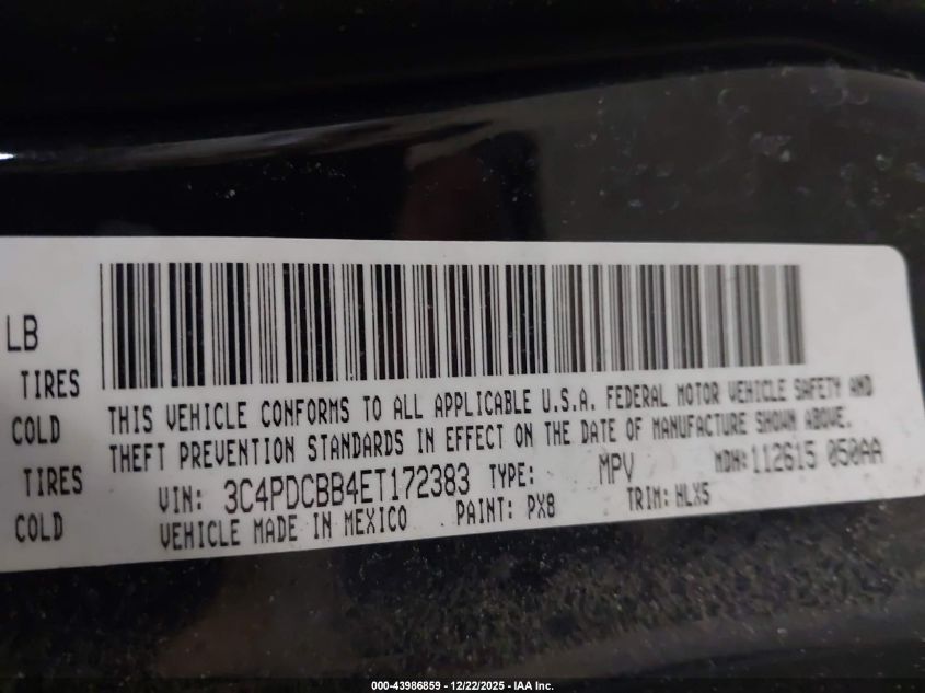 2014 Dodge Journey Sxt VIN: 3C4PDCBB4ET172383 Lot: 43986859