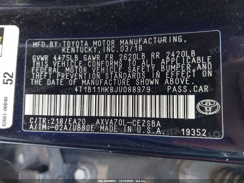 2018 Toyota Camry Se VIN: 4T1B11HK8JU088979 Lot: 43986857