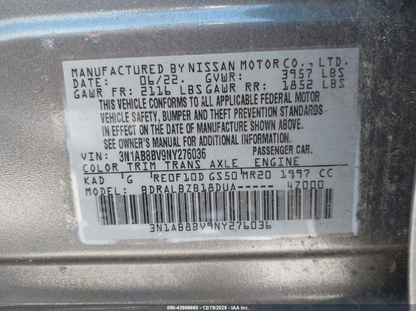 2022 Nissan Sentra S Xtronic Cvt VIN: 3N1AB8BV9NY276036 Lot: 43986860