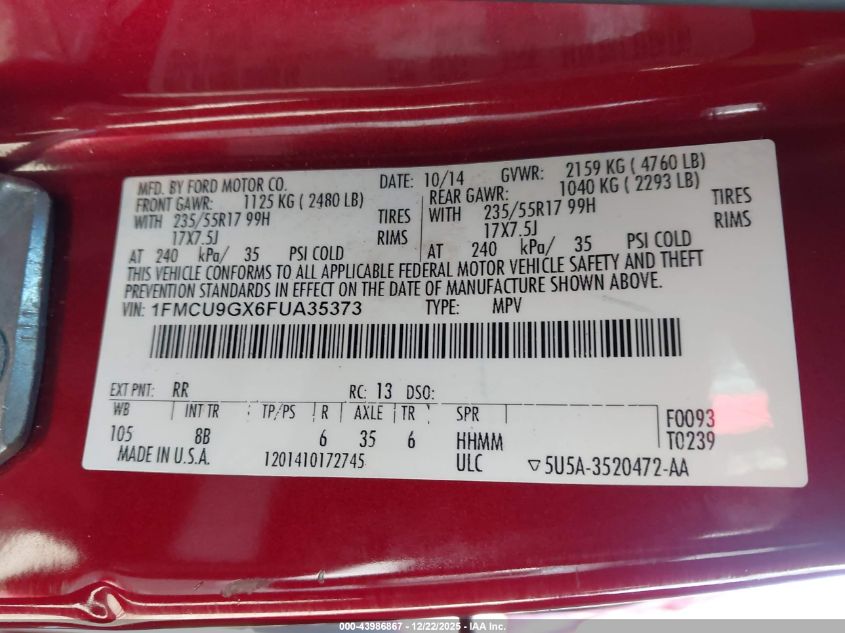 2015 Ford Escape Se VIN: 1FMCU9GX6FUA35373 Lot: 43986867