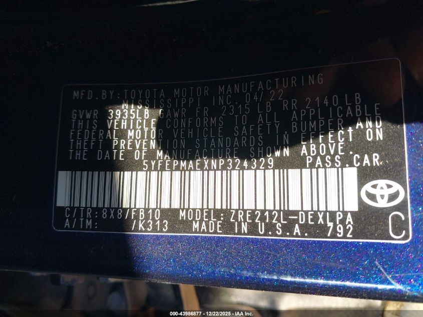 2022 Toyota Corolla Le VIN: 5YFEPMAEXNP324329 Lot: 43986877