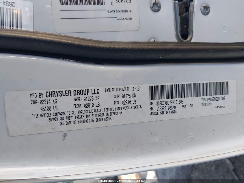 2014 Dodge Charger Se VIN: 2C3CDXBG7EH191606 Lot: 43986878