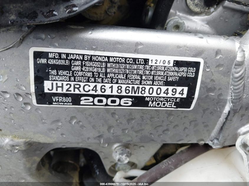 2006 Honda Vfr800 VIN: JH2RC46186M800494 Lot: 43986879