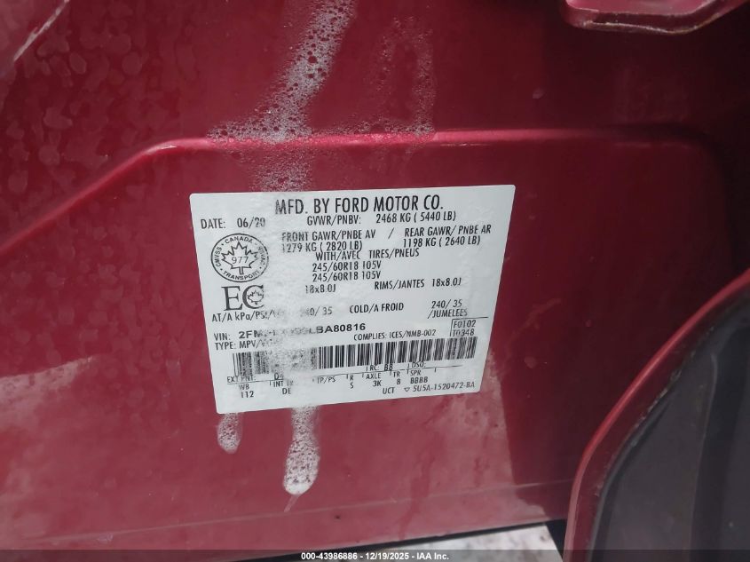 2020 Ford Edge Sel VIN: 2FMPK4J90LBA80816 Lot: 43986886