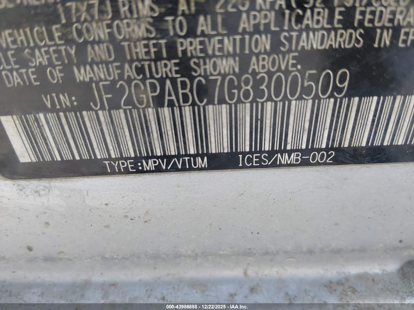 2016 Subaru Crosstrek 2.0I Premium VIN: JF2GPABC7G8300509 Lot: 43986888