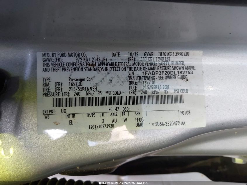 2013 Ford Focus Se VIN: 1FADP3F20DL182753 Lot: 43986889