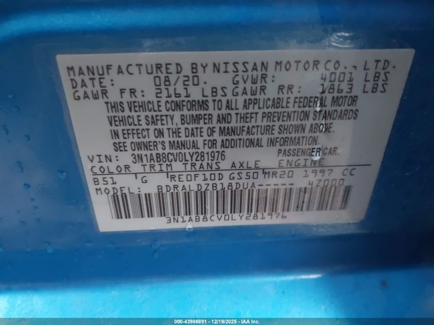 2020 Nissan Sentra Sv Xtronic Cvt VIN: 3N1AB8CV0LY281976 Lot: 43986891