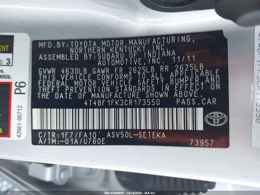 2012 Toyota Camry L VIN: 4T4BF1FK3CR173550 Lot: 43986895