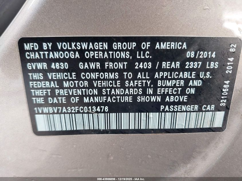 2015 Volkswagen Passat 2.0L Tdi Se VIN: 1VWBV7A32FC013476 Lot: 43986896