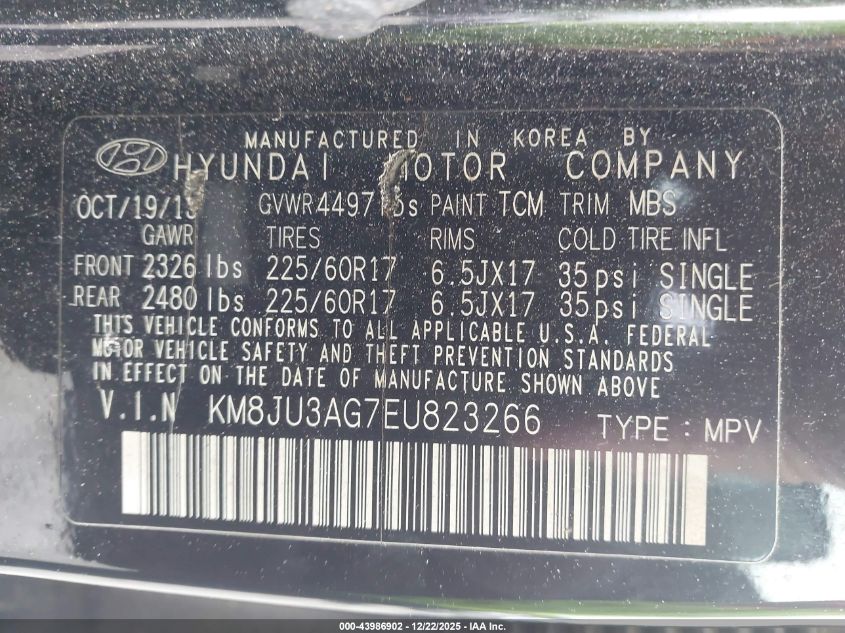 2014 Hyundai Tucson Se VIN: KM8JU3AG7EU823266 Lot: 43986902