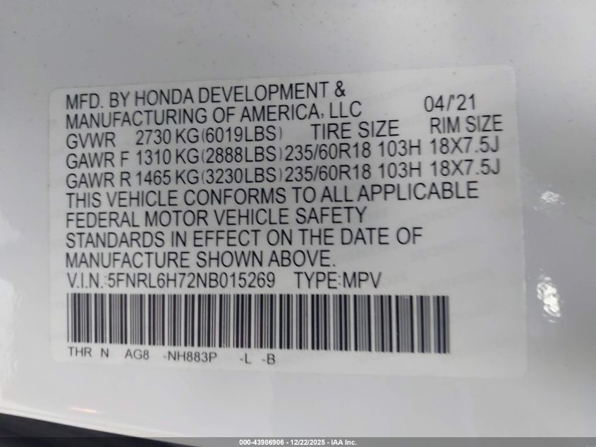 2022 Honda Odyssey Ex-L VIN: 5FNRL6H72NB015269 Lot: 43986906