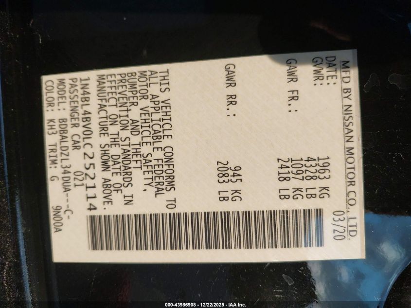 2020 Nissan Altima S Fwd VIN: 1N4BL4BV0LC252114 Lot: 43986908