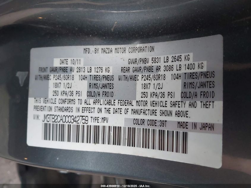 2012 Mazda Cx-9 Touring VIN: JM3TB2CA0C0342759 Lot: 43986910