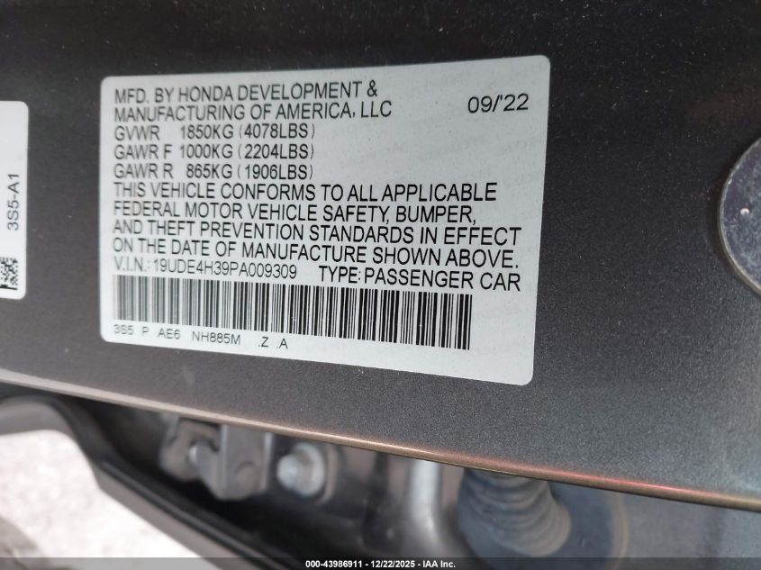 2023 Acura Integra A-Spec VIN: 19UDE4H39PA009309 Lot: 43986911