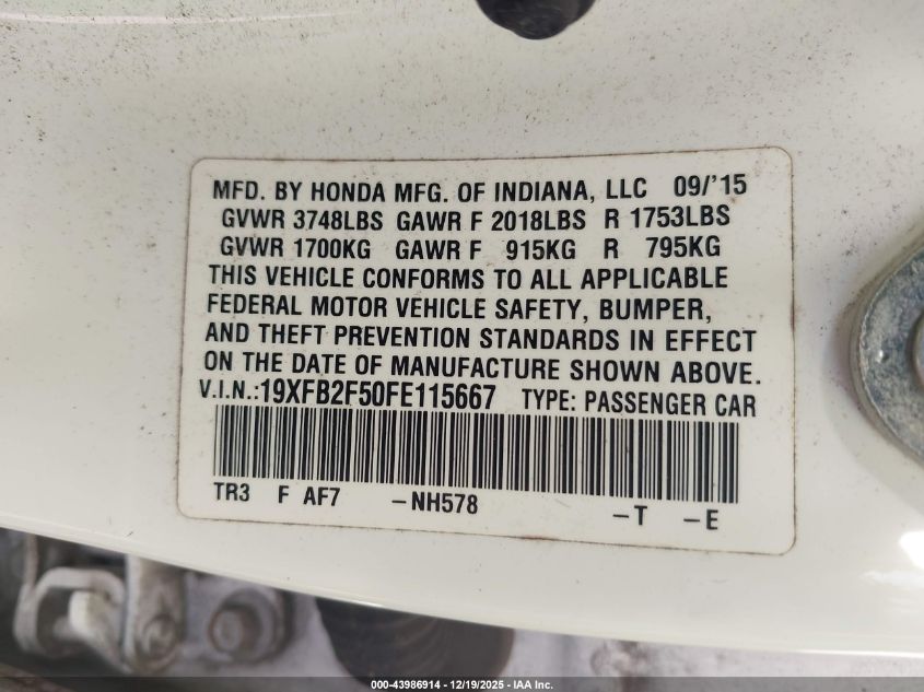 2015 Honda Civic Lx VIN: 19XFB2F50FE115667 Lot: 43986914