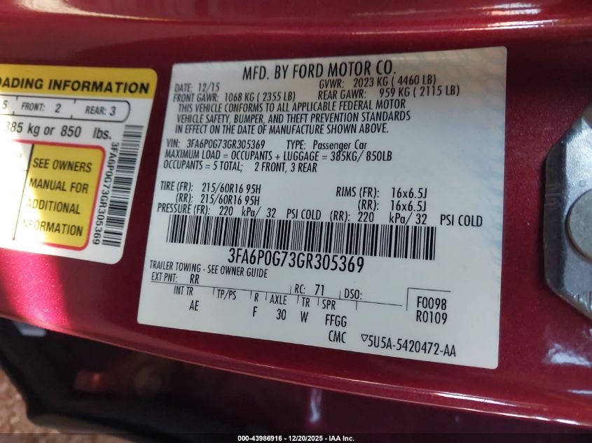 2016 Ford Fusion S VIN: 3FA6P0G73GR305369 Lot: 43986916