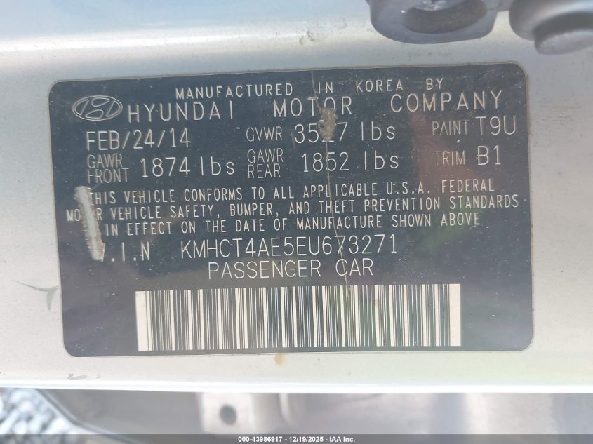2014 Hyundai Accent Gls VIN: KMHCT4AE5EU673271 Lot: 43986917