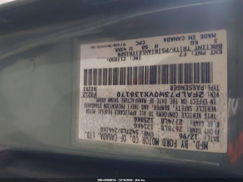 1997 Ford Crown Victoria VIN: 2FALP73W0VX138170 Lot: 43986918