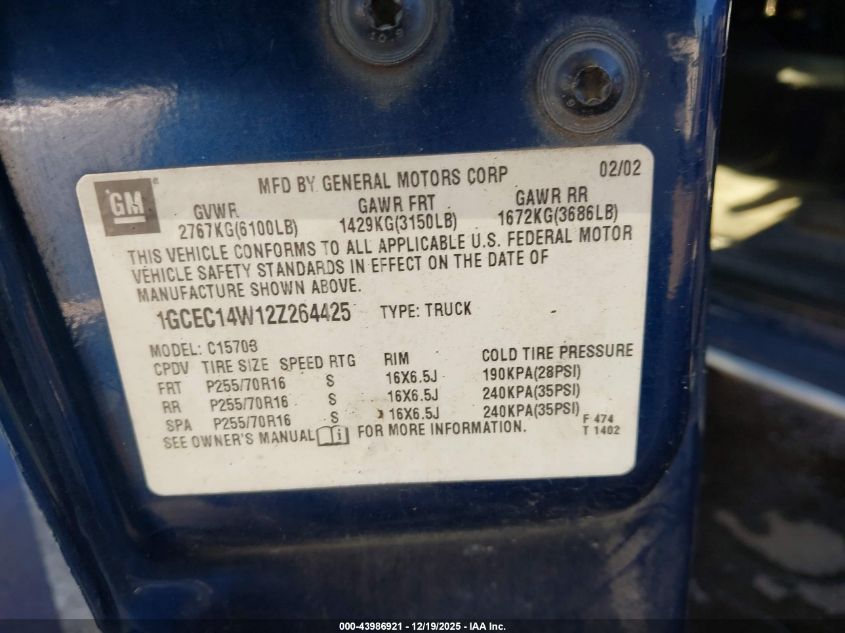 2002 Chevrolet Silverado 1500 VIN: 1GCEC14W12Z264425 Lot: 43986921
