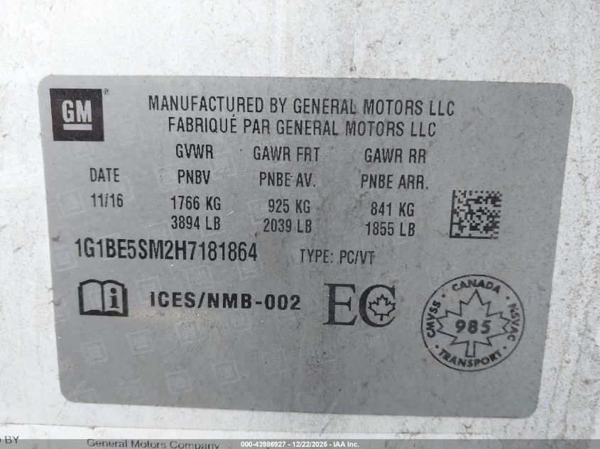 2017 Chevrolet Cruze Lt Auto VIN: 1G1BE5SM2H7181864 Lot: 43986927