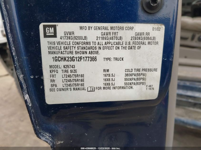2002 Chevrolet Silverado 2500Hd Lt VIN: 1GCHK23G12F177366 Lot: 43986929