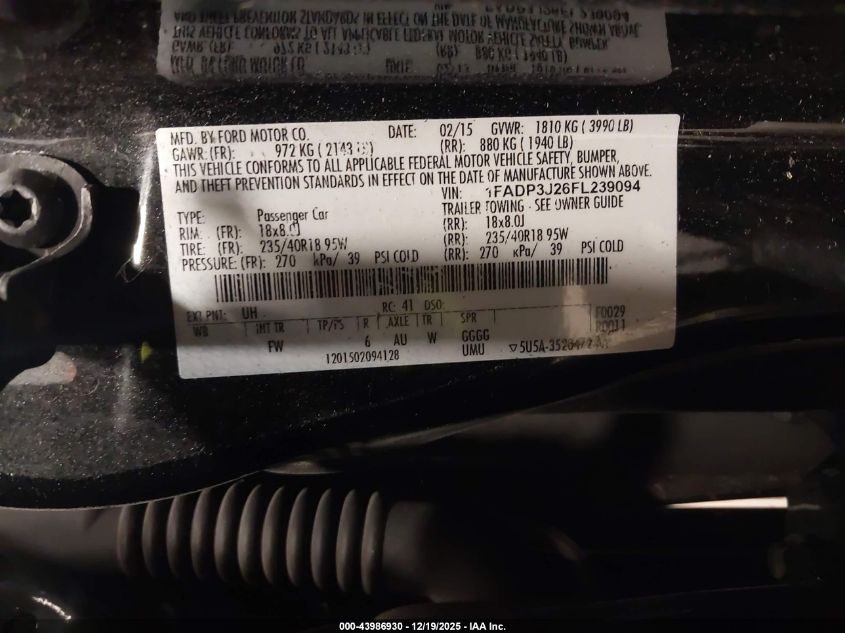 2015 Ford Focus Titanium VIN: 1FADP3J26FL239094 Lot: 43986930