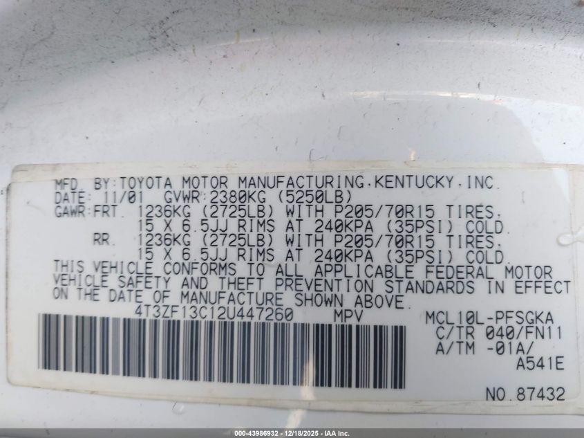 2002 Toyota Sienna Le VIN: 4T3ZF13C12U447260 Lot: 43986932