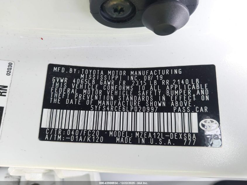 2020 Toyota Corolla Se VIN: 5YFS4RCE6LP020997 Lot: 43986934