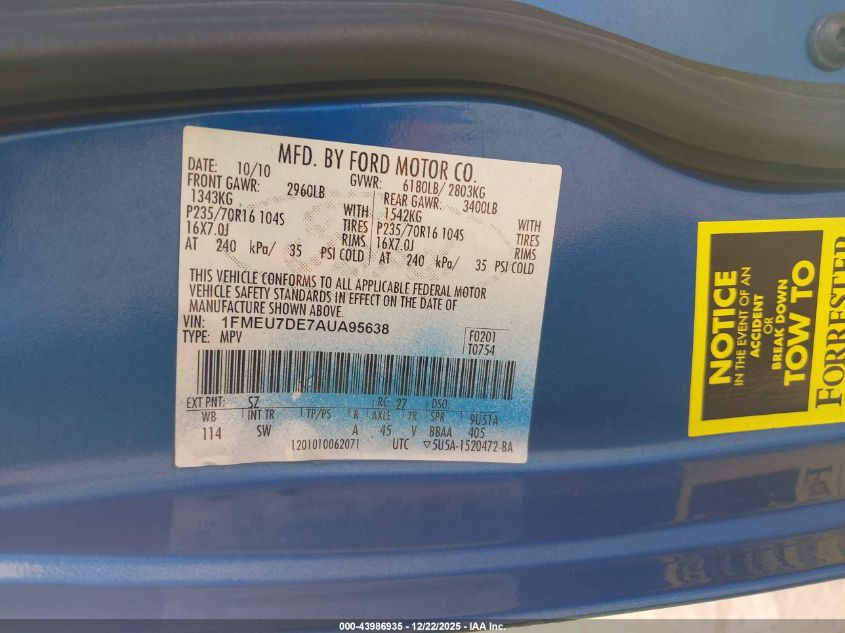 2010 Ford Explorer Xlt VIN: 1FMEU7DE7AUA95638 Lot: 43986935