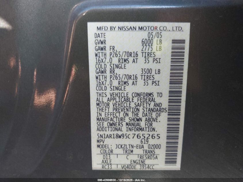 2005 Nissan Pathfinder Se VIN: 5N1AR18W95C765265 Lot: 43986938