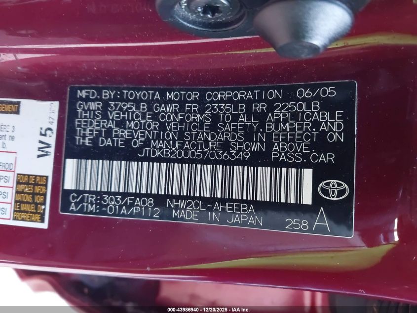 2005 Toyota Prius VIN: JTDKB20U057036349 Lot: 43986940