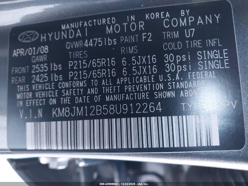 2008 Hyundai Tucson Gls VIN: KM8JM12B58U912264 Lot: 43986941