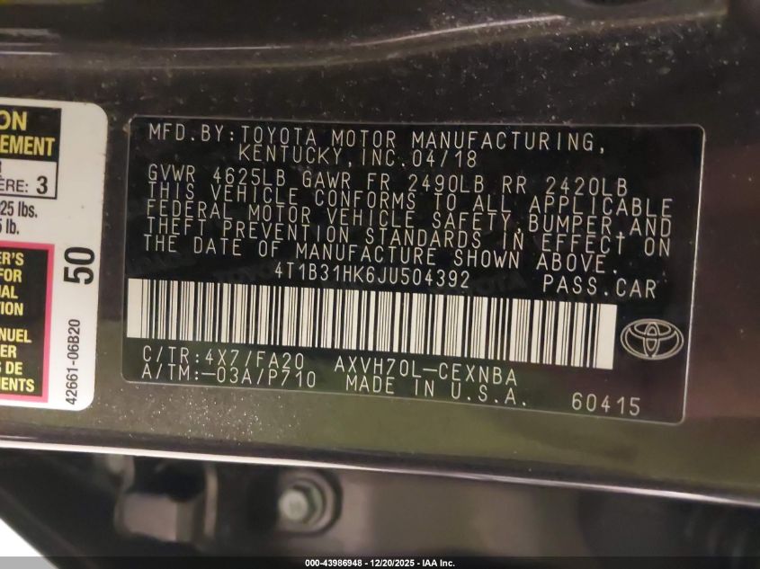 2018 Toyota Camry Hybrid Le VIN: 4T1B31HK6JU504392 Lot: 43986948