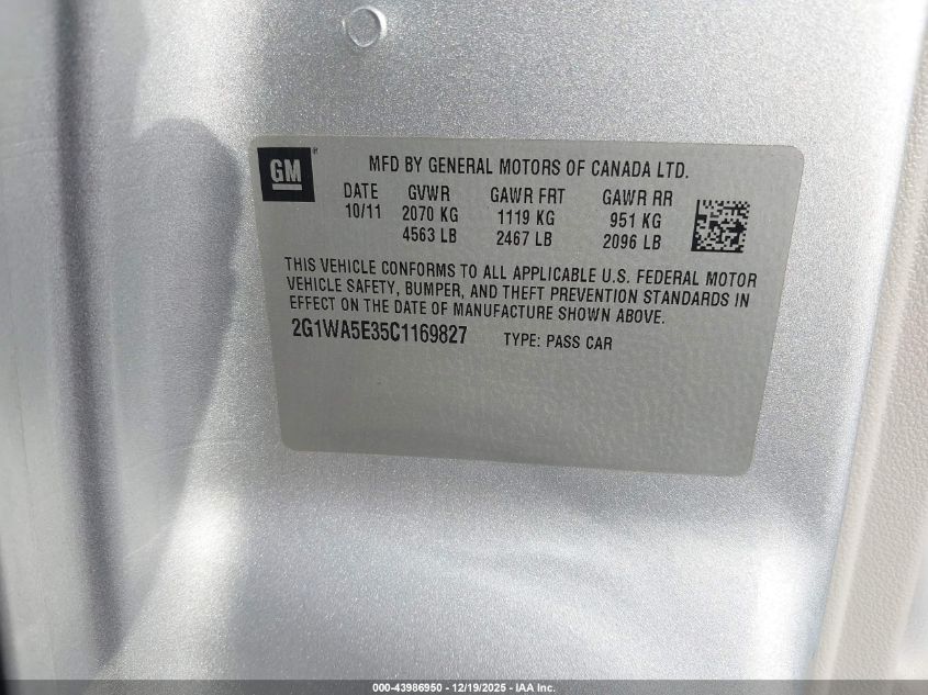 2012 Chevrolet Impala Ls VIN: 2G1WA5E35C1169827 Lot: 43986950