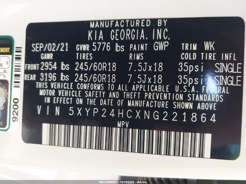 2022 Kia Telluride Lx VIN: 5XYP24HCXNG221864 Lot: 43986951