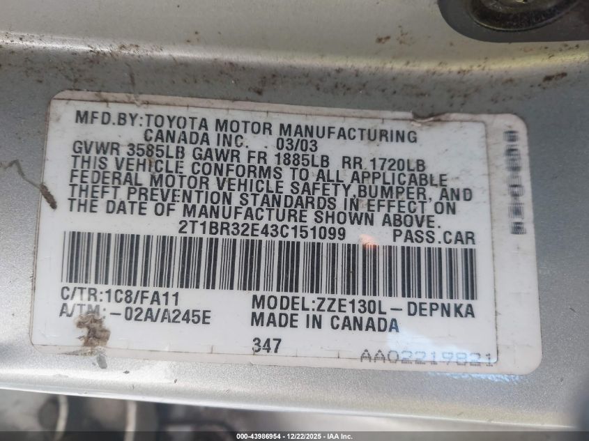 2003 Toyota Corolla Le VIN: 2T1BR32E43C151099 Lot: 43986954