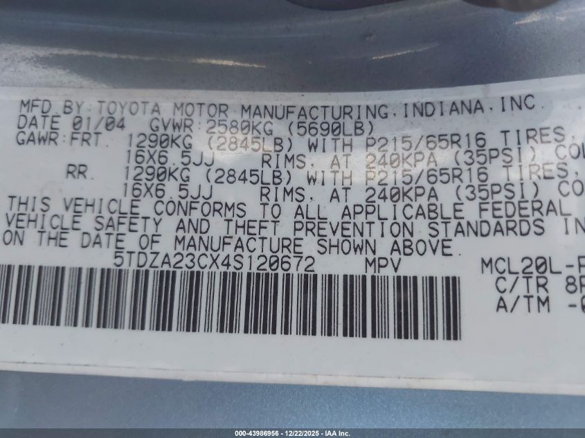 2004 Toyota Sienna Le VIN: 5TDZA23CX4S120672 Lot: 43986956
