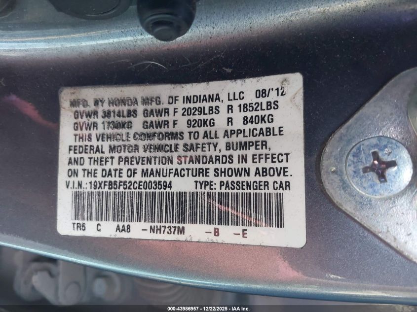 2012 Honda Civic Natural Gas VIN: 19XFB5F52CE003594 Lot: 43986957