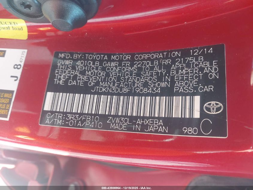 2015 Toyota Prius Three VIN: JTDKN3DU8F1908434 Lot: 43986964