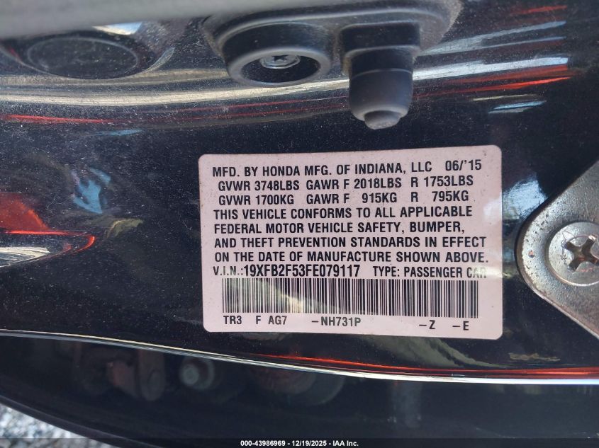 2015 Honda Civic Lx VIN: 19XFB2F53FE079117 Lot: 43986969