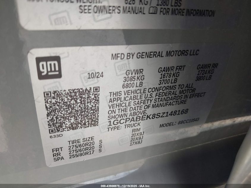 2025 Chevrolet Silverado 1500 2Wd Short Bed Custom VIN: 1GCPABEK8SZ148168 Lot: 43986975