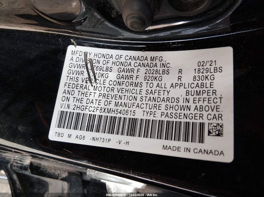2021 Honda Civic Sport VIN: 2HGFC2F8XMH540615 Lot: 43986978