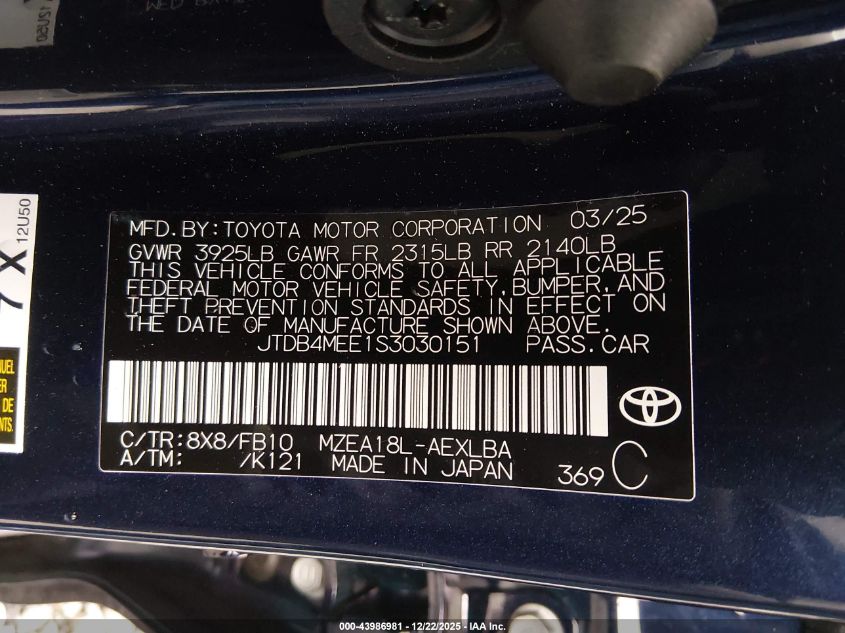 2025 Toyota Corolla Le VIN: JTDB4MEE1S3030151 Lot: 43986981