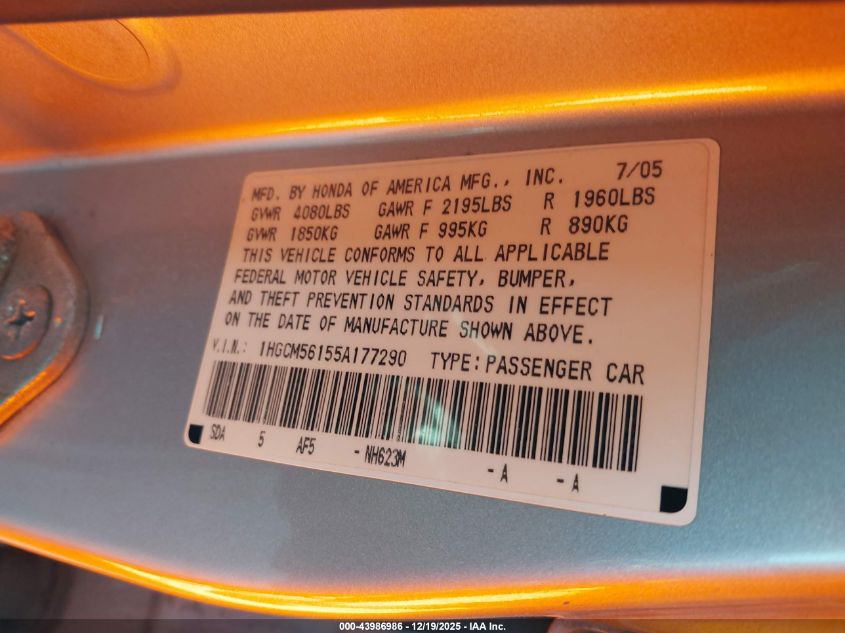 2005 Honda Accord 2.4 Dx VIN: 1HGCM56155A177290 Lot: 43986986