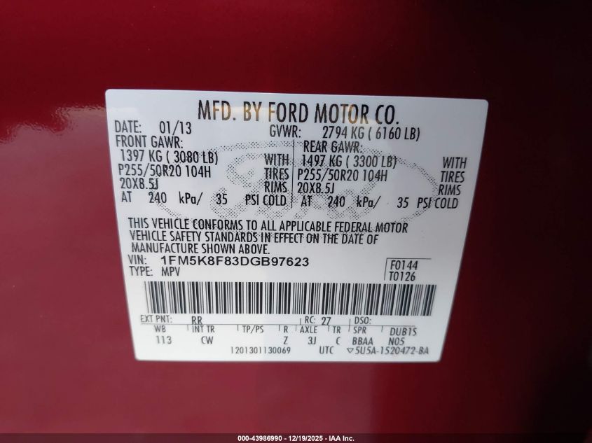 2013 Ford Explorer Limited VIN: 1FM5K8F83DGB97623 Lot: 43986990