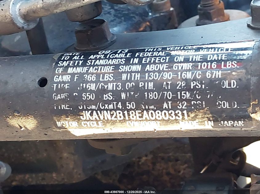 2014 Kawasaki Vn900 B VIN: JKAVN2B18EA080331 Lot: 43987000