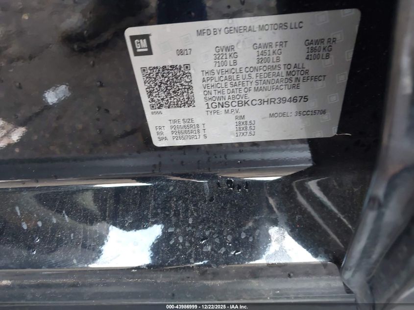 2017 Chevrolet Tahoe Lt VIN: 1GNSCBKC3HR394675 Lot: 43986999