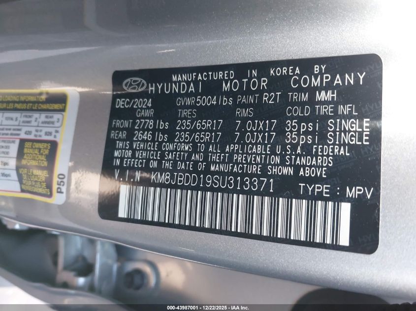 2025 Hyundai Tucson Hybrid Blue VIN: KM8JBDD19SU313371 Lot: 43987001