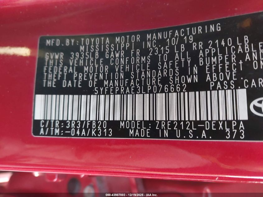 2020 Toyota Corolla Le VIN: 5YFEPRAE3LP076662 Lot: 43987003